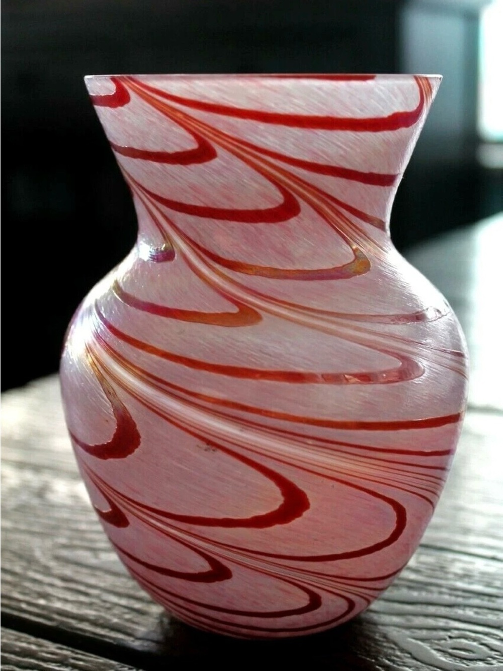 Vintage Art Nouveau Style Iridescent Pulled Loop Pink and Red Art Glass Vase